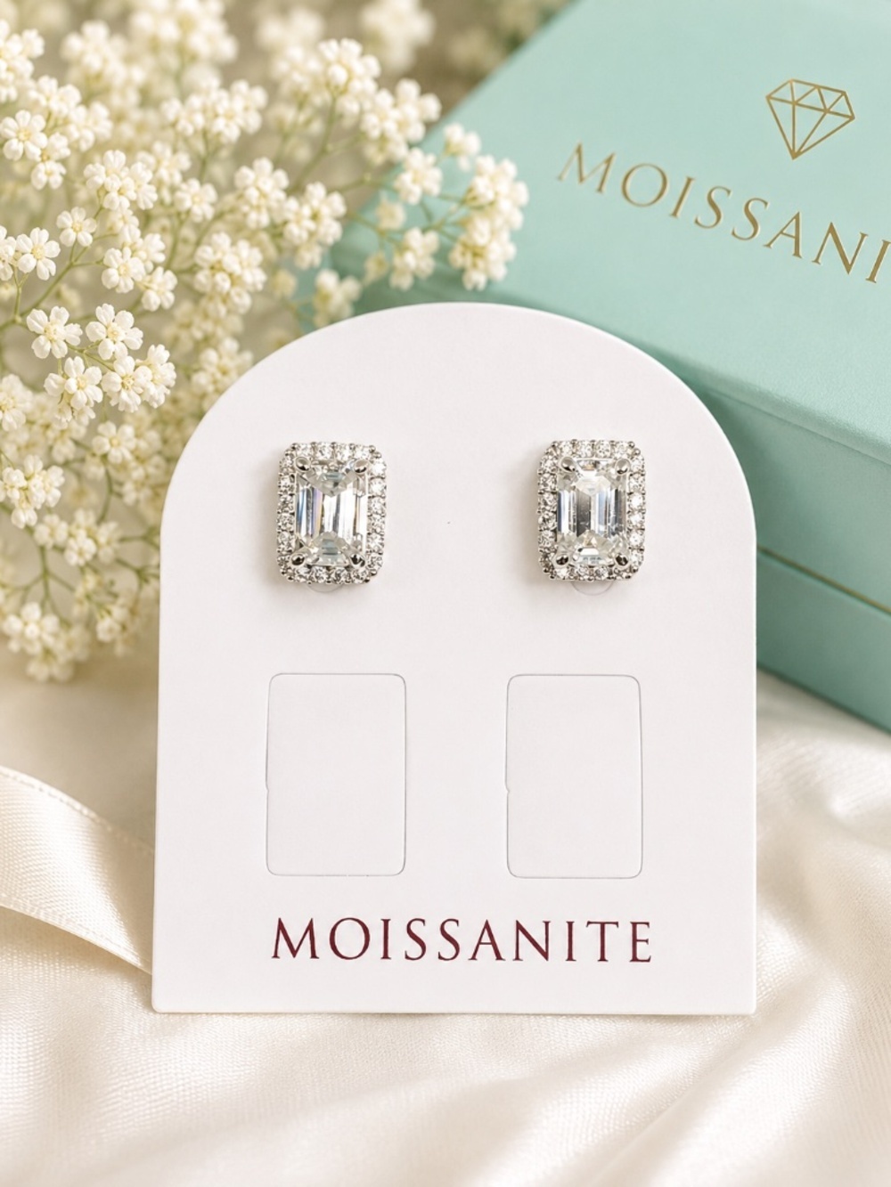 2 carat emerald cut moissanite halo stud earrings 925 NWT Certified